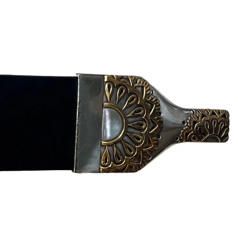 Chicos Genuine Leather Medallion Belt M/L Black Round Buckle Gold Silver Tone